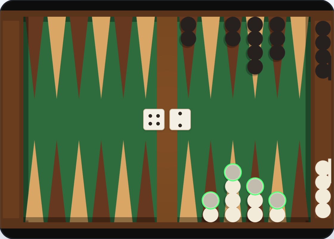 Both players bearing off — White removing checkers from points 19–22, Black removing from points 1–5; each player has already borne off four checkers