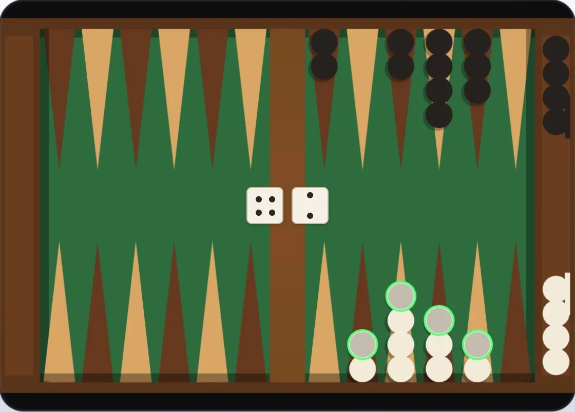 Both players bearing off — White removing checkers from points 19–22, Black removing from points 1–5; each player has already borne off four checkers
