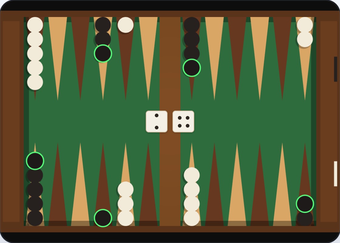 A mid-game position with a lone White checker at point 7 and a lone Black checker at point 15 — both blots that can be hit this turn