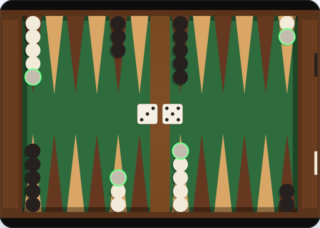 The standard backgammon starting position — fifteen White and fifteen Black checkers arranged symmetrically on the twenty-four-point board