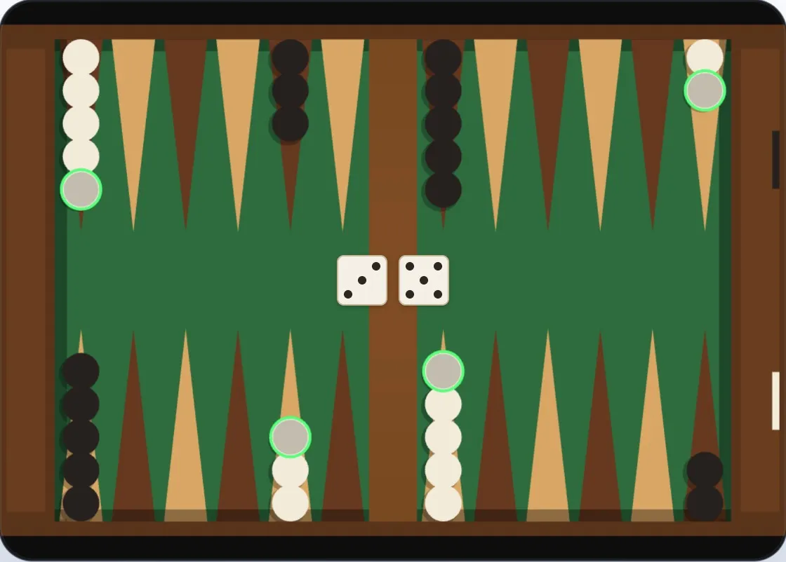 The standard backgammon starting position — fifteen White and fifteen Black checkers arranged symmetrically on the twenty-four-point board
