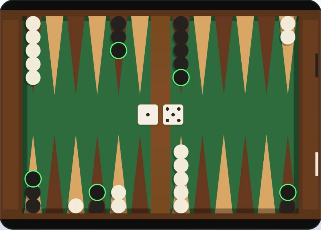 A mid-game board where White has a lone checker at point 14 and Black has checkers nearby that can threaten it