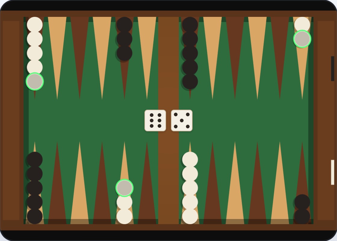 The starting position with White's dice showing high values — an opportunity to advance the back checkers before the board closes