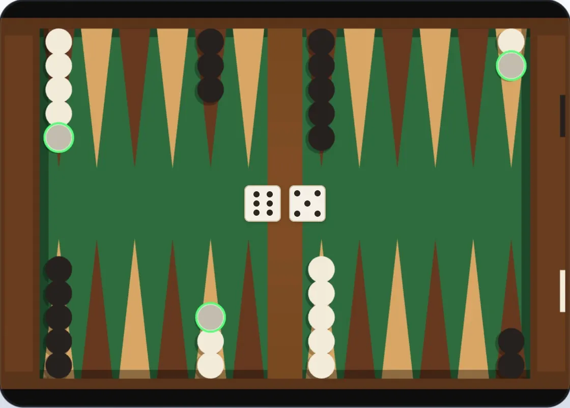 The starting position with White's dice showing high values — an opportunity to advance the back checkers before the board closes