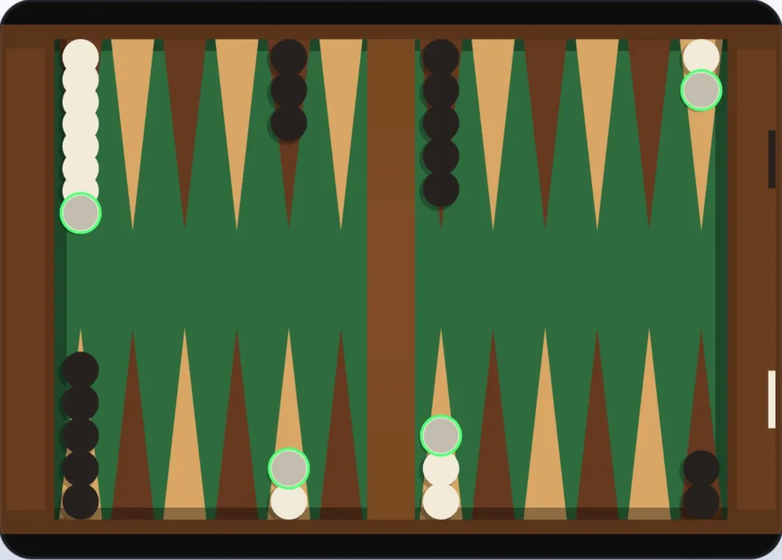 A position where White has eight checkers crowded on a single midpoint — a wasteful structure that leaves the home board completely undeveloped