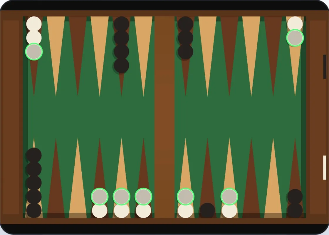 White has four consecutive made points at 15, 16, 17, and 18 — a four-prime in progress; Black has a checker trapped at point 19 already unable to pass