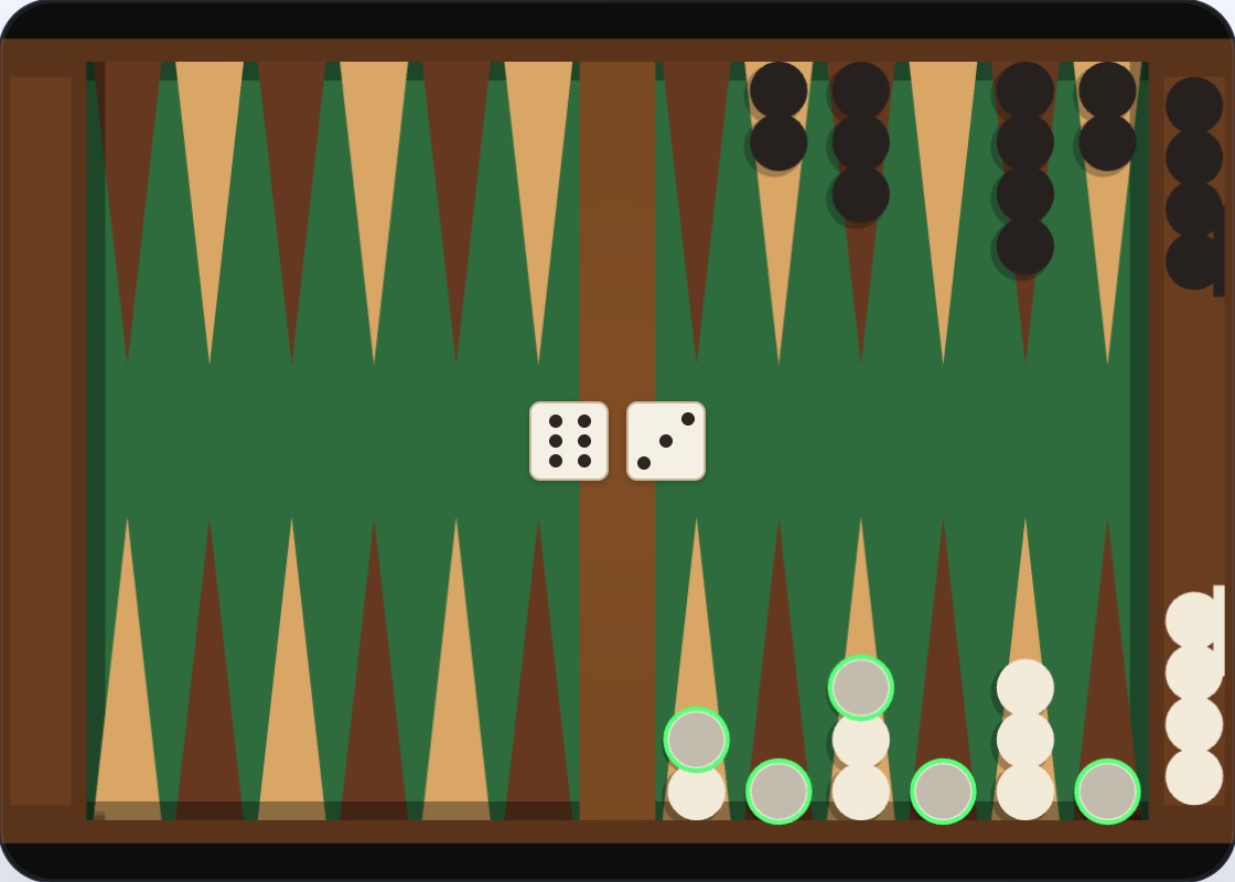 White bearing off with checkers spread across points 18–23; the dice show two values that can be used directly to bear off from exact positions