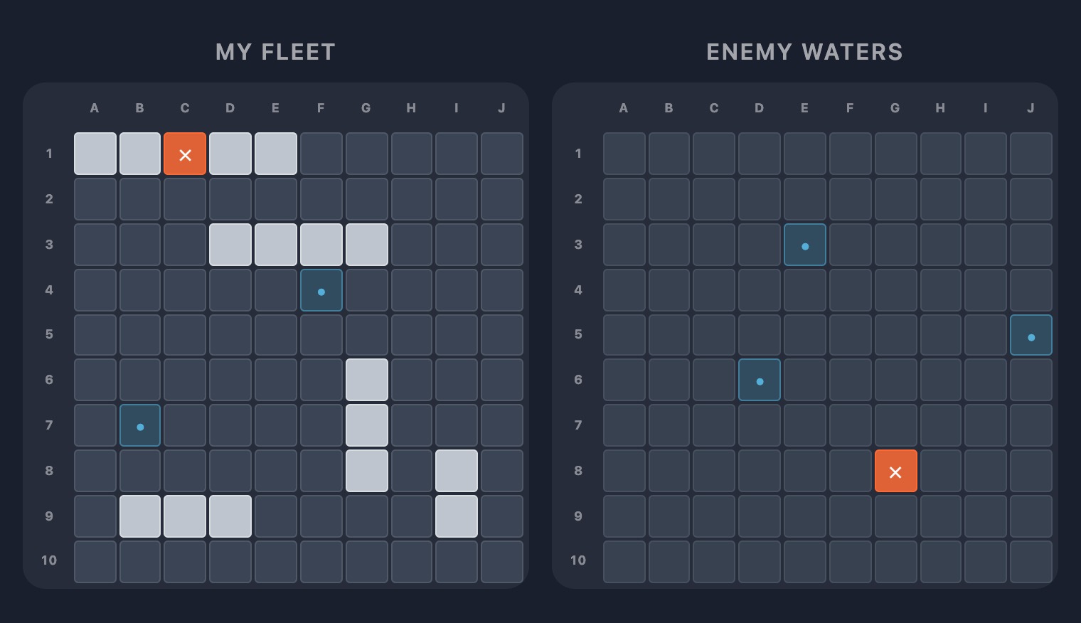 Mid-game showing both boards — your fleet on the left with incoming shots marked, the enemy waters on the right with your shots marked as hits and misses