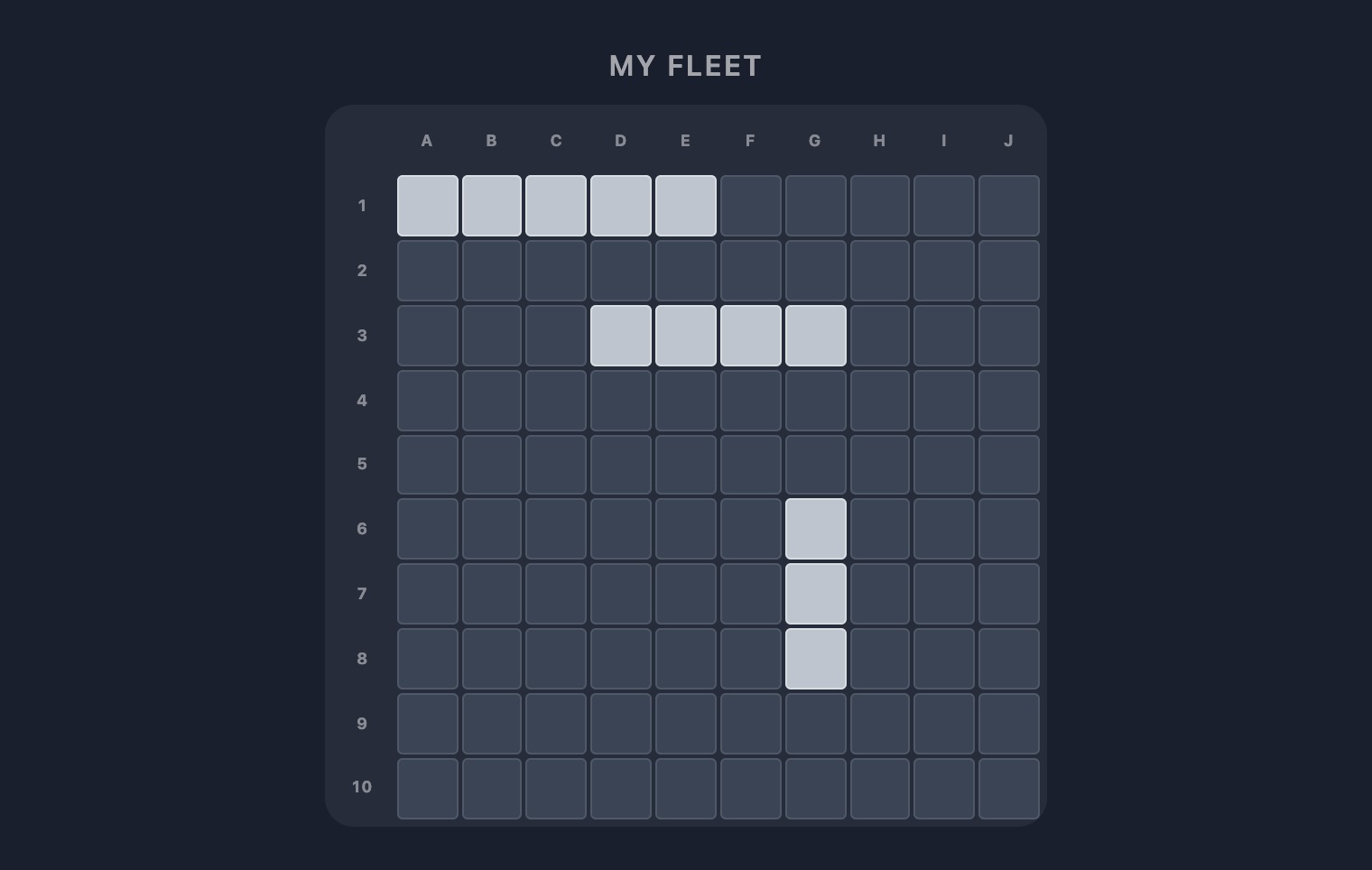 The placement phase — three ships placed on the grid, two remaining to be positioned