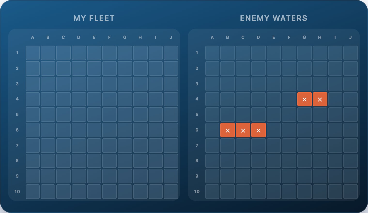 A 10×10 battleship grid showing a wider hunt spacing pattern used after the two smallest ships have been sunk