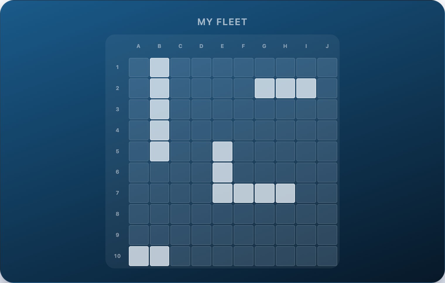 A 10×10 battleship grid showing a well-spread fleet placement with ships distributed across all four quadrants