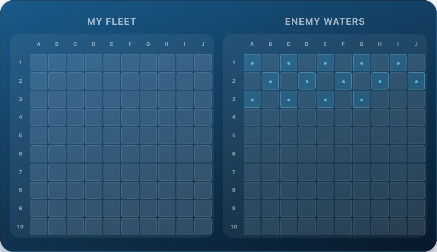A 10×10 battleship attack grid showing the first 16 checkerboard shots covering rows A and B systematically