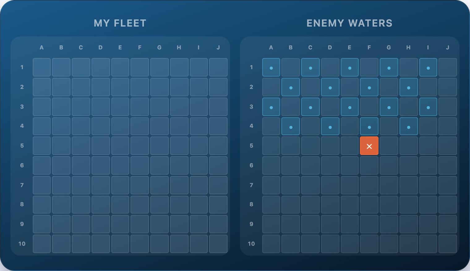 A 10×10 battleship attack grid showing a hit at E6 — hunt paused, four adjacent cells highlighted as the next candidates