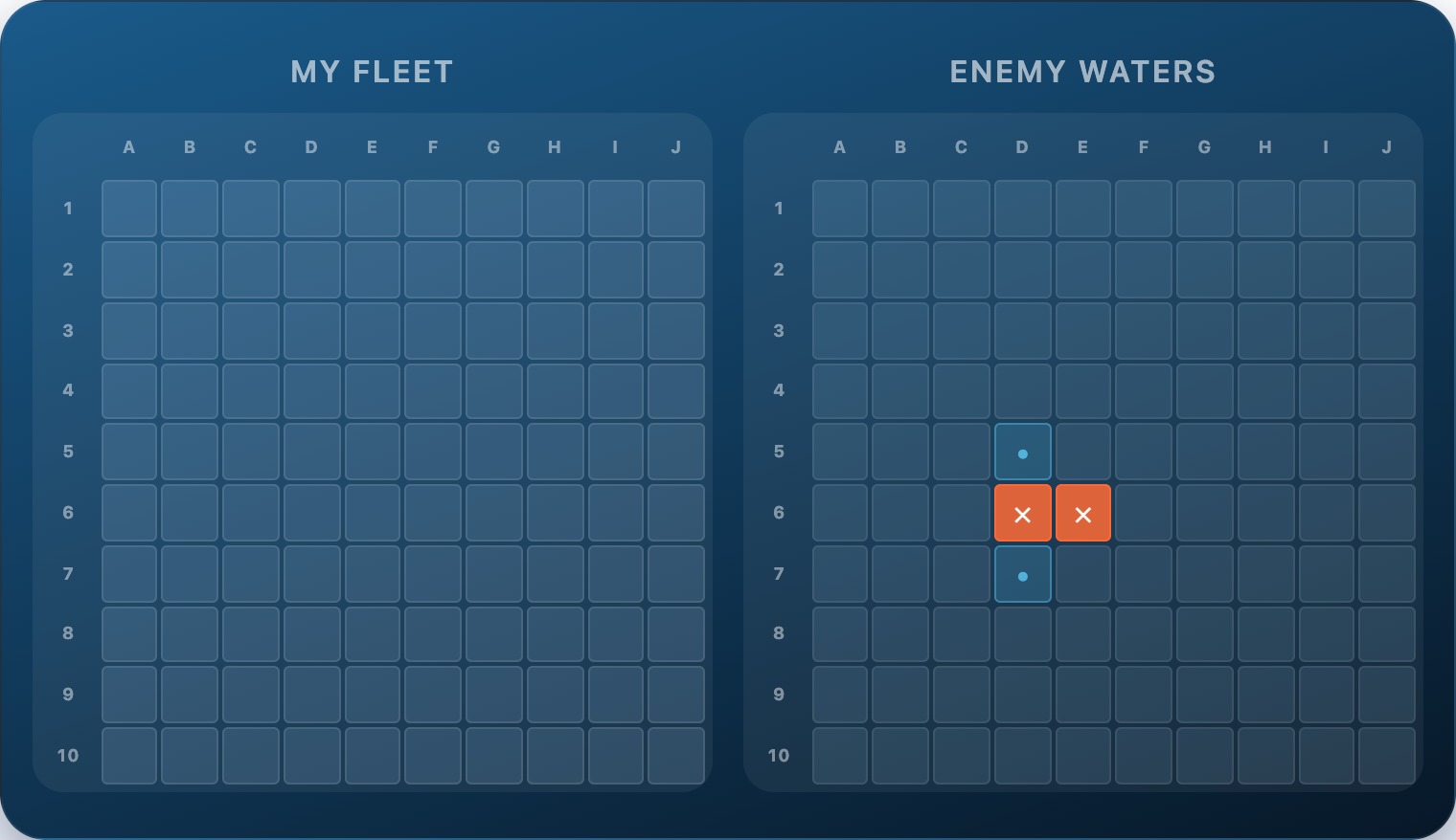 A 10×10 battleship attack grid showing two horizontal hits at F4 and F5 — perpendicular cells crossed out, only the horizontal extensions left to fire