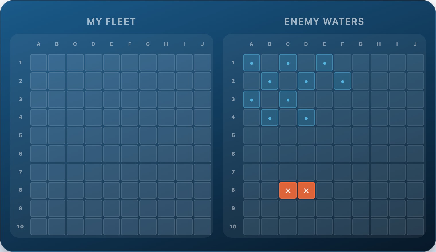 A 10×10 battleship attack grid showing a sunk Destroyer and all adjacent cells marked as empty — reducing the remaining search area