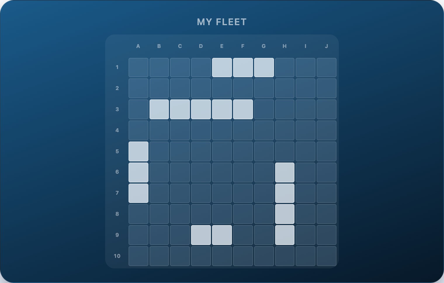 A 10×10 battleship placement grid showing a mixed-orientation fleet — some ships horizontal, some vertical