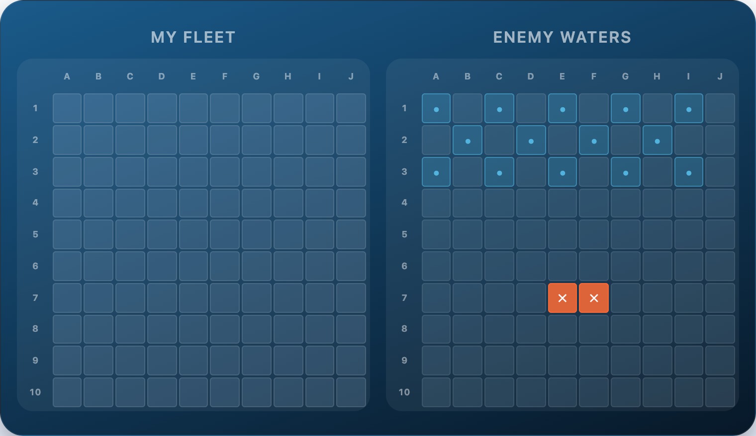 A 10×10 battleship attack grid showing a wider spacing-3 hunt pattern used after the Destroyer is confirmed sunk