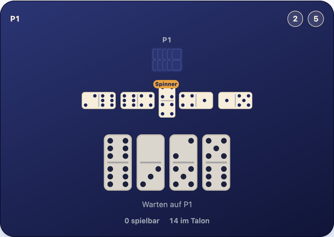 Eine Reihe aus fünf Steinen mit einem quer liegenden Pasch 4-4 in der Mitte, Steine setzen sich auf beiden Seiten fort