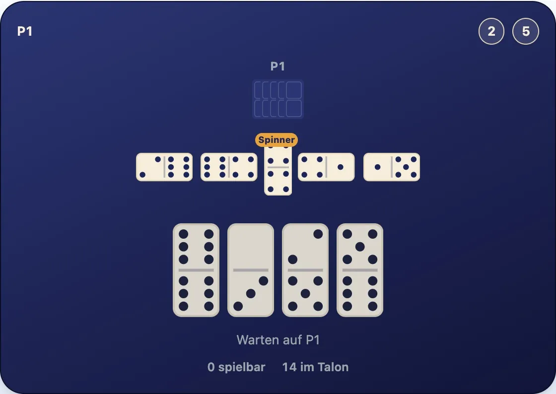 Eine Reihe aus fünf Steinen mit einem quer liegenden Pasch 4-4 in der Mitte, Steine setzen sich auf beiden Seiten fort