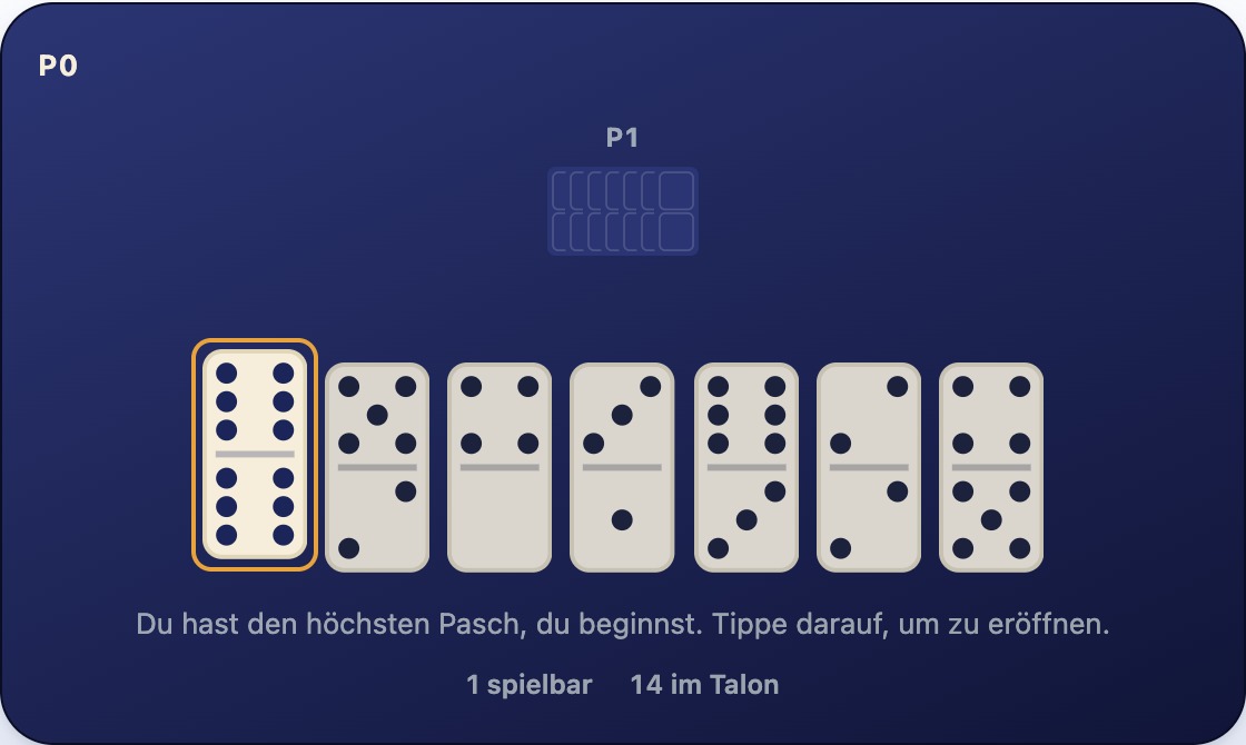 Eine leere Reihe und eine Hand mit sieben Steinen, wobei der Pasch 6-6 ausgewählt ist — der einzig legale Eröffnungszug