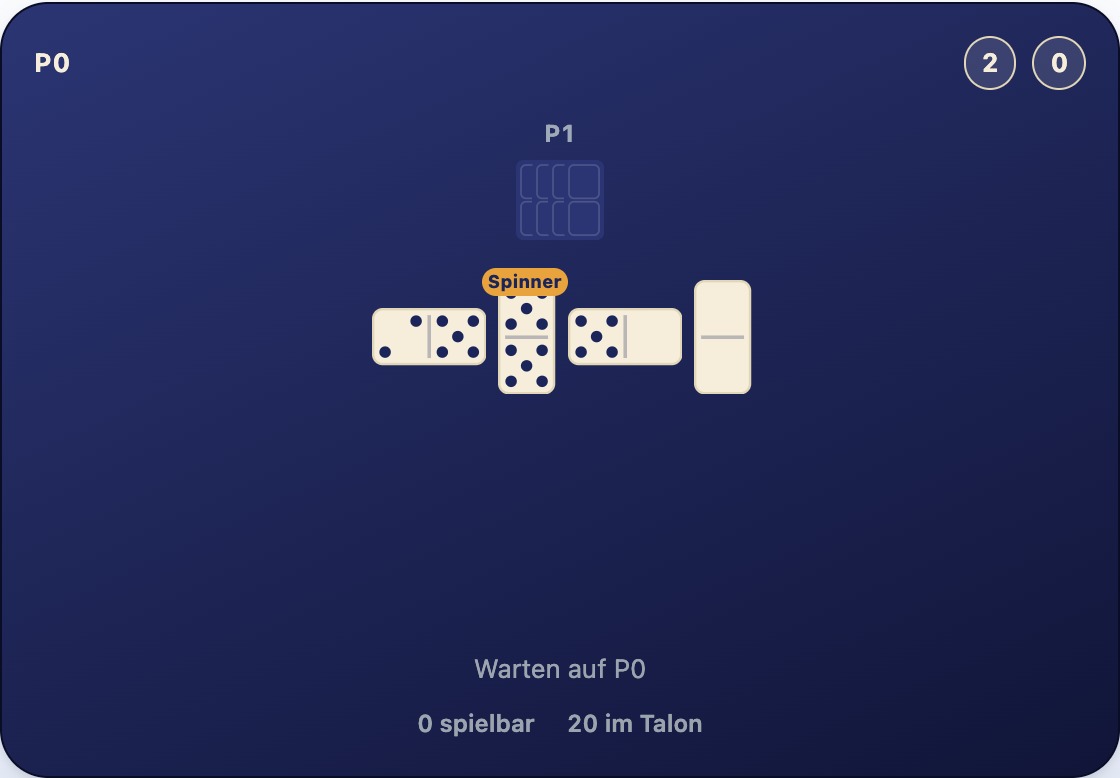 Eine leere eigene Hand neben der Hand eines Gegners, die noch Steine hält, mit dem gerade gelegten letzten Stein am Ende der Reihe
