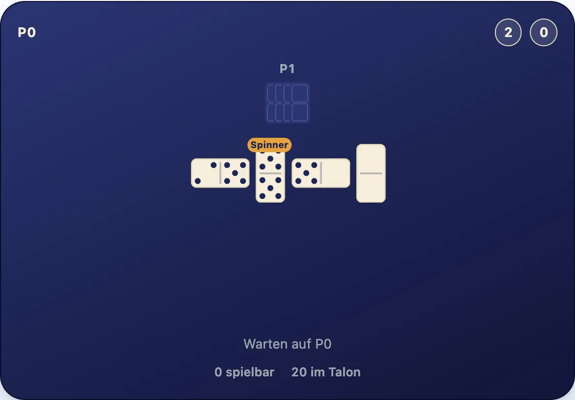 Eine leere eigene Hand neben der Hand eines Gegners, die noch Steine hält, mit dem gerade gelegten letzten Stein am Ende der Reihe