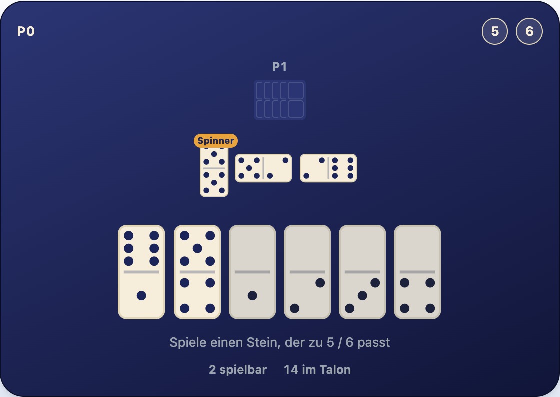 Eine Reihe aus drei Steinen mit den offenen Enden 5 und 6, und eine Hand mit 5-4 und 6-1, die jeweils zu einem Ende passen