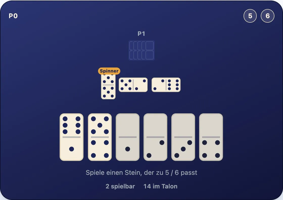 Eine Reihe aus drei Steinen mit den offenen Enden 5 und 6, und eine Hand mit 5-4 und 6-1, die jeweils zu einem Ende passen