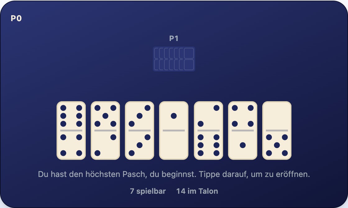 Eine aufgefächerte Hand mit sieben Steinen, jeder zeigt zwei Augenzahlen, mit dem Pasch 3-3 darunter