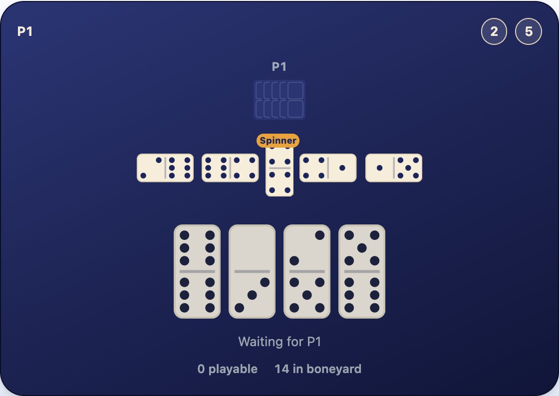 A line of five tiles with a 4-4 double turned crosswise in the middle, tiles extending from it on both sides