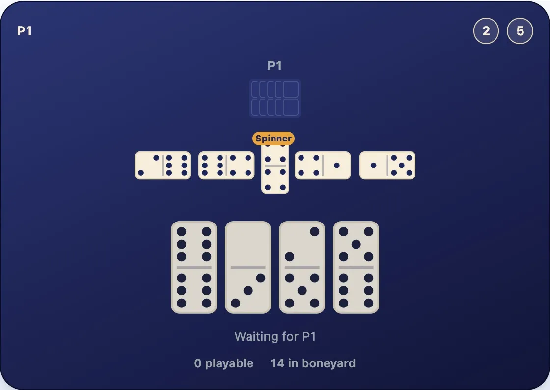 A line of five tiles with a 4-4 double turned crosswise in the middle, tiles extending from it on both sides