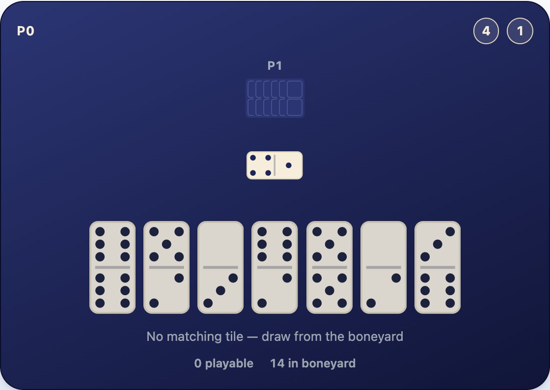 A hand with no tile matching the line's open ends of 4 and 1, next to a boneyard showing 14 tiles remaining