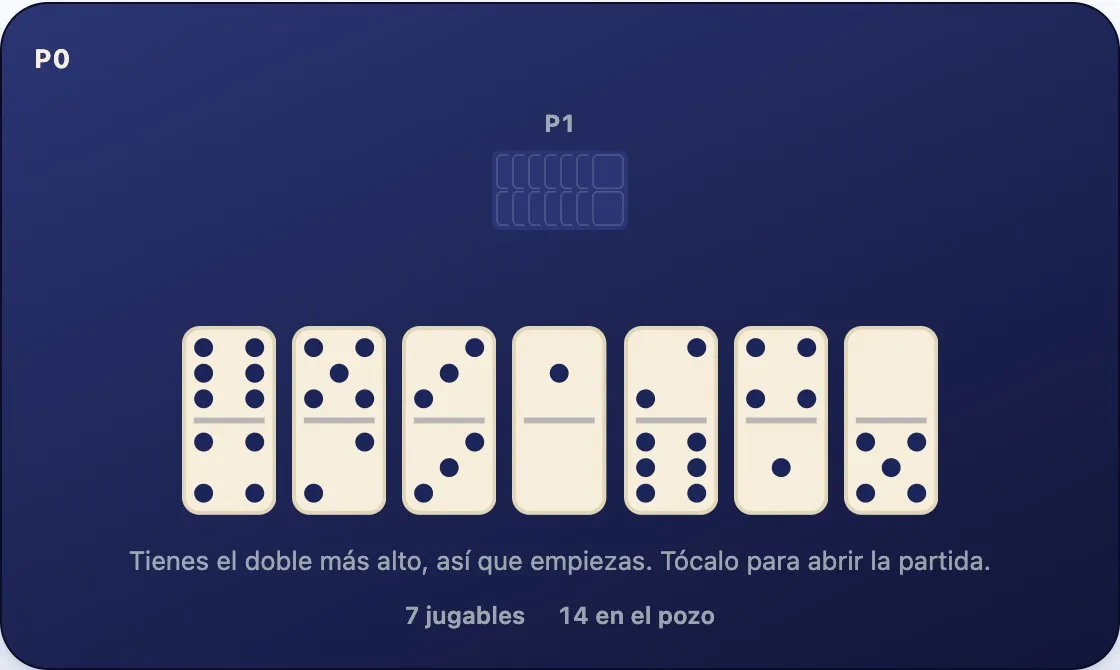 Una mano de siete fichas en abanico, cada una mostrando dos valores de puntos, con el doble 3-3 entre ellas