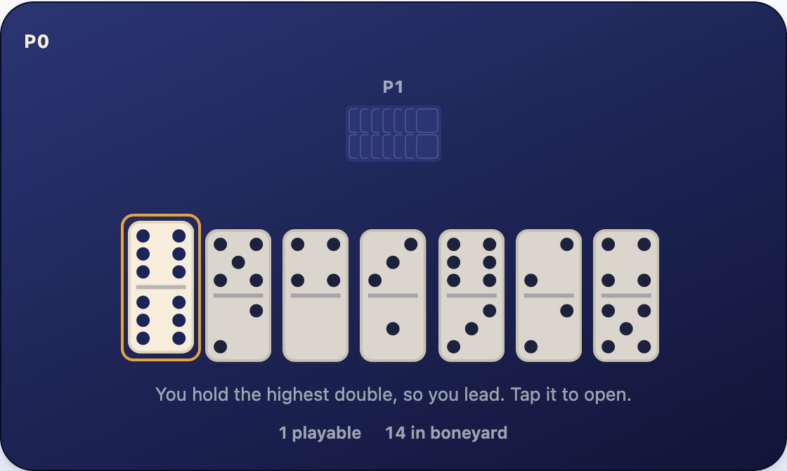 An empty line and a seven-tile hand with the 6-6 double selected, the only legal opening play