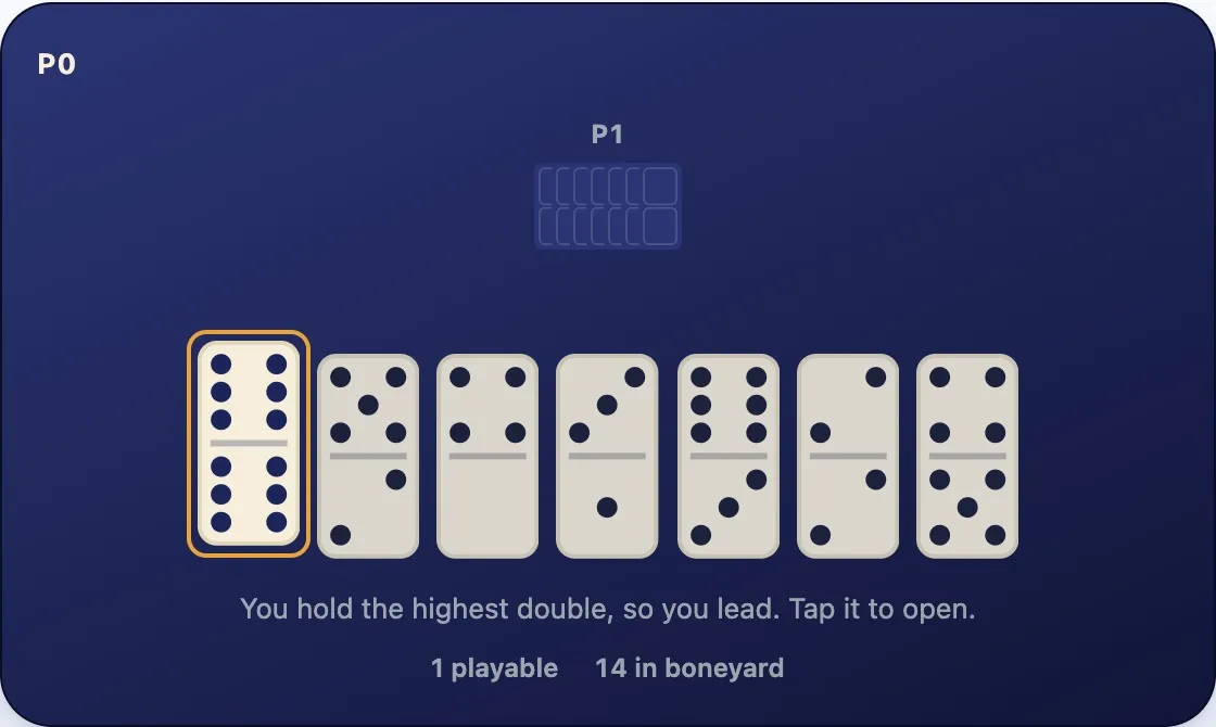 An empty line and a seven-tile hand with the 6-6 double selected, the only legal opening play