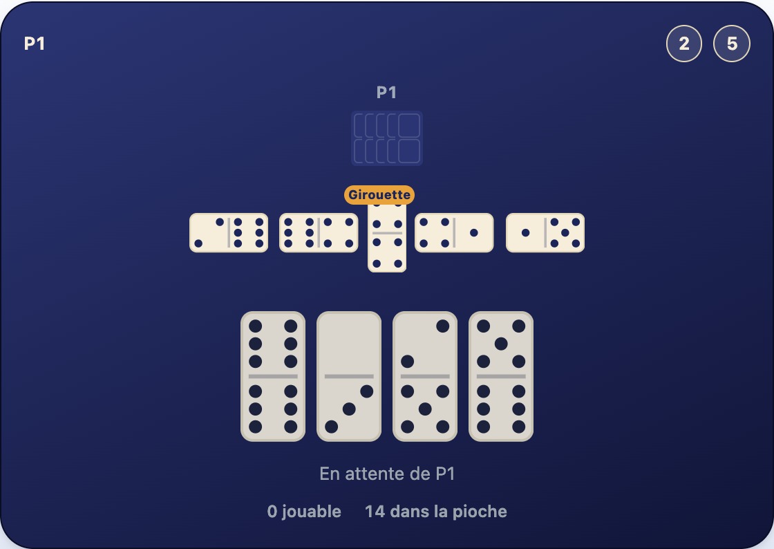 Une chaîne de cinq dominos avec un double 4-4 posé en travers au centre, des dominos se prolongeant des deux côtés