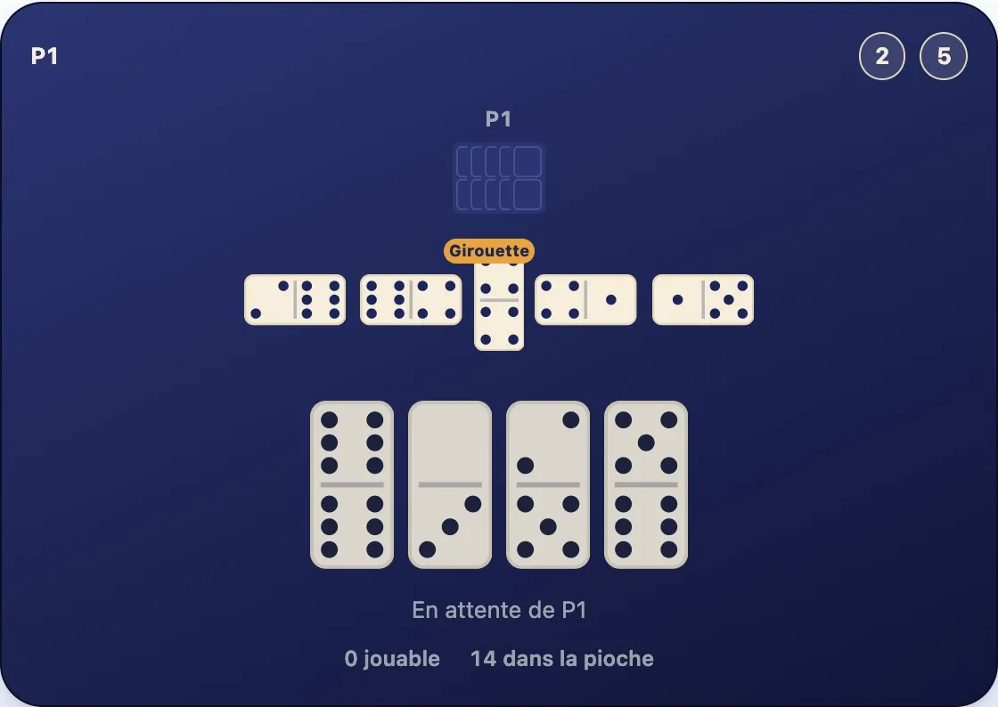 Une chaîne de cinq dominos avec un double 4-4 posé en travers au centre, des dominos se prolongeant des deux côtés