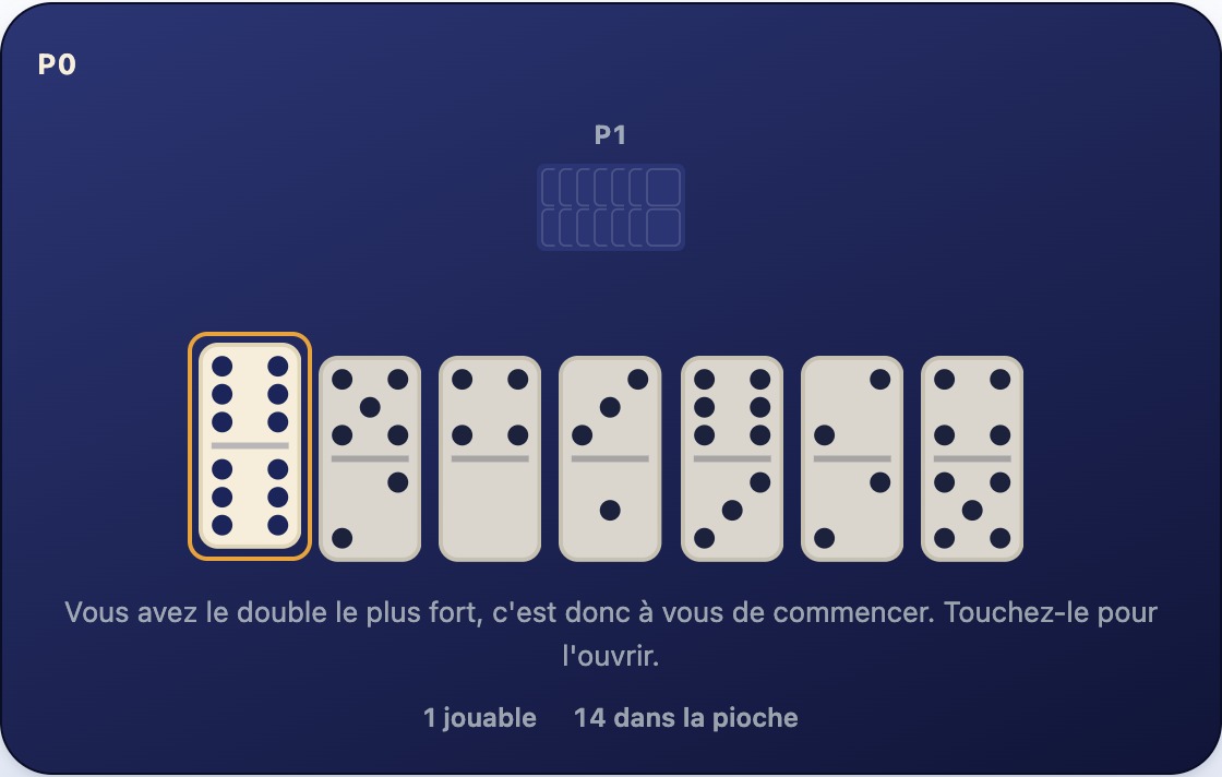 Une chaîne vide et une main de sept dominos avec le double 6-6 sélectionné, la seule jouée d'ouverture légale