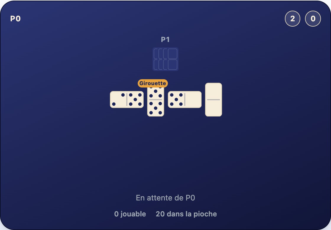 Une main locale vide à côté de la main d'un adversaire qui a encore des dominos, avec le dernier domino tout juste posé au bout de la chaîne
