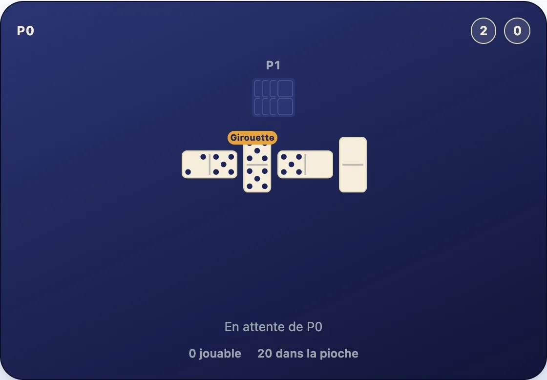 Une main locale vide à côté de la main d'un adversaire qui a encore des dominos, avec le dernier domino tout juste posé au bout de la chaîne