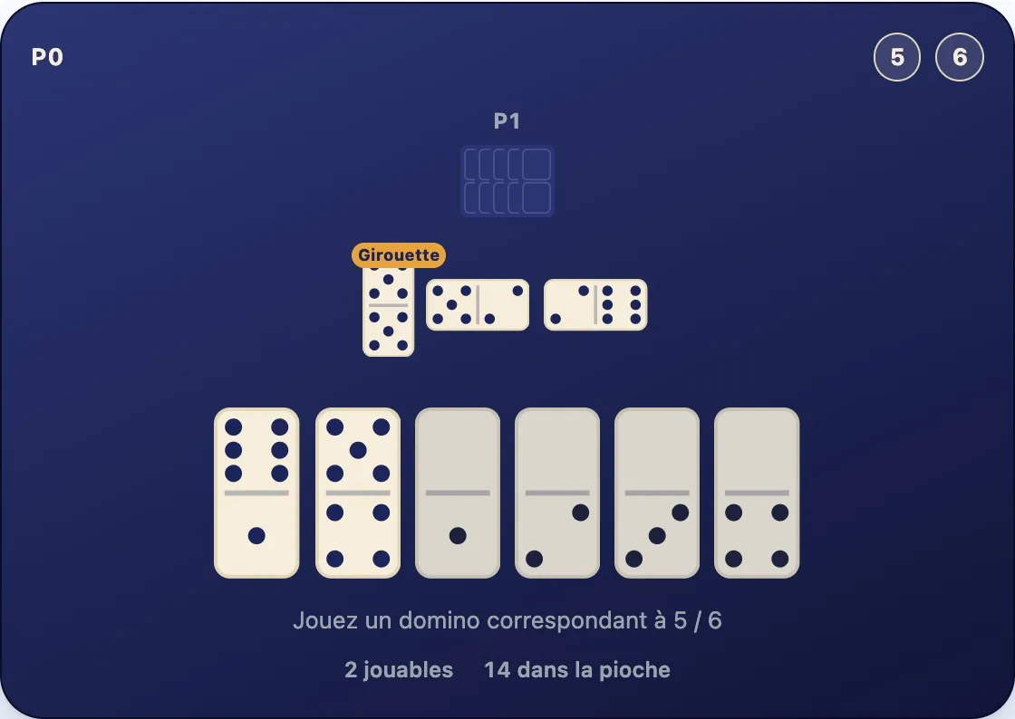 Une chaîne de trois dominos avec des bouts ouverts 5 et 6, et une main contenant le 5-4 et le 6-1, chacun correspondant à un bout