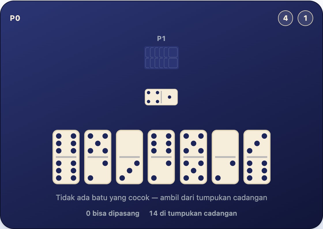 Batu di tangan yang tidak ada satu pun cocok dengan ujung terbuka 4 dan 1, di samping tumpukan cadangan yang masih berisi 14 batu