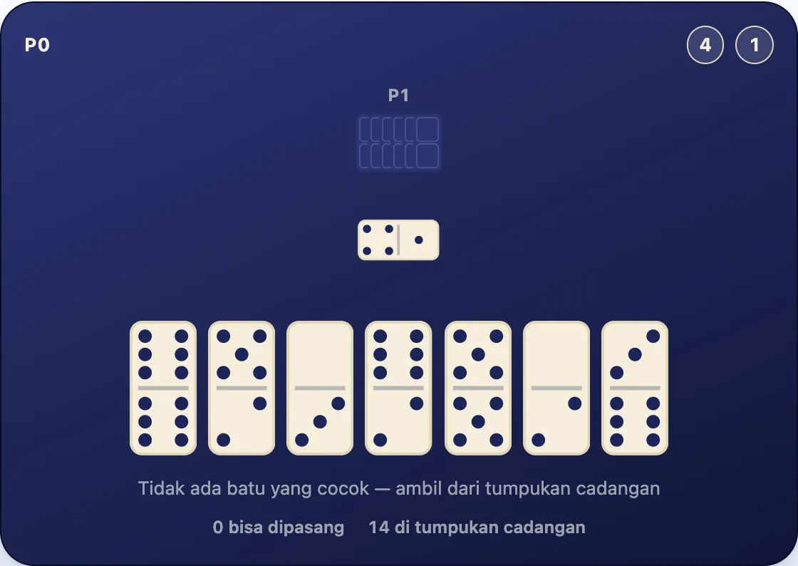 Batu di tangan yang tidak ada satu pun cocok dengan ujung terbuka 4 dan 1, di samping tumpukan cadangan yang masih berisi 14 batu