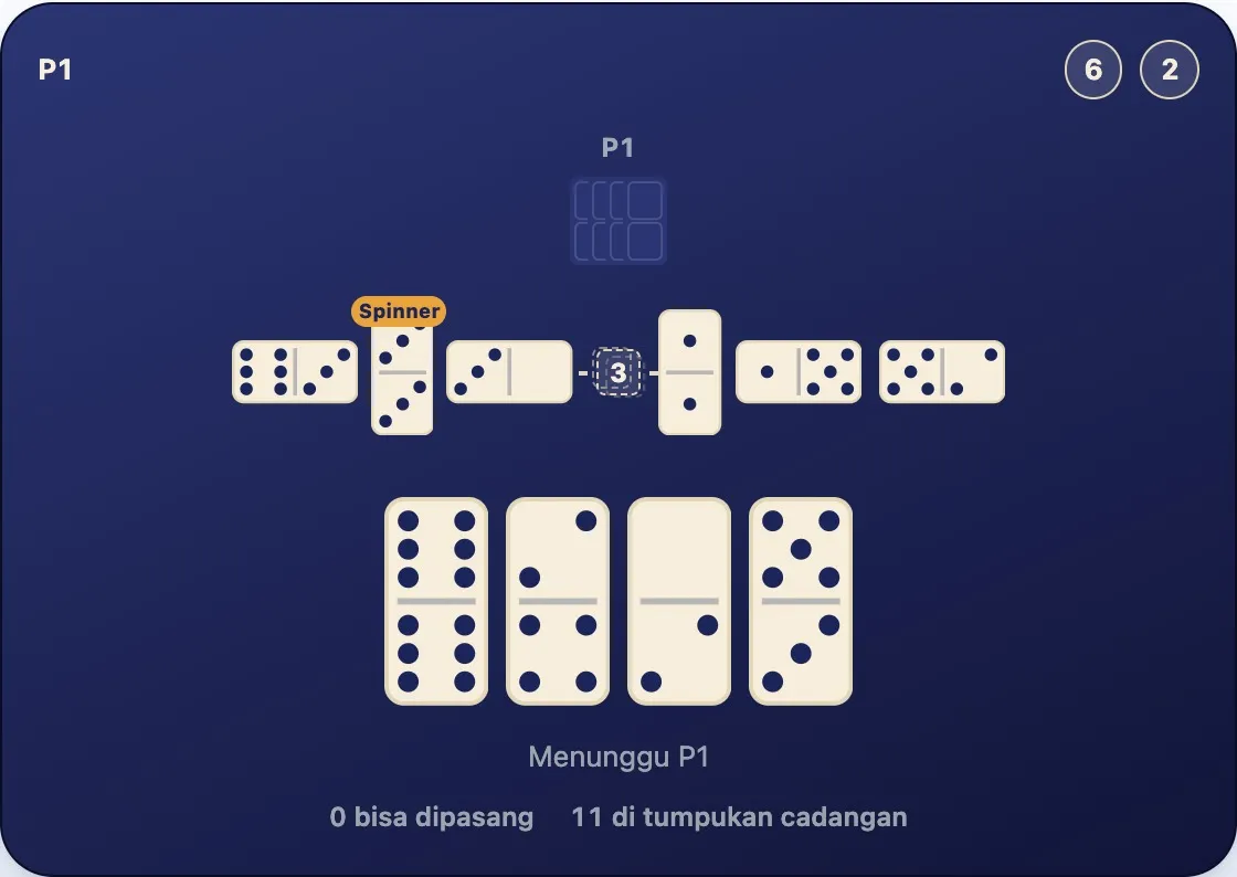 Rangkaian sembilan batu yang berlanjut ke dua baris, dengan ujung terbuka 6 dan 2 di kedua ujungnya