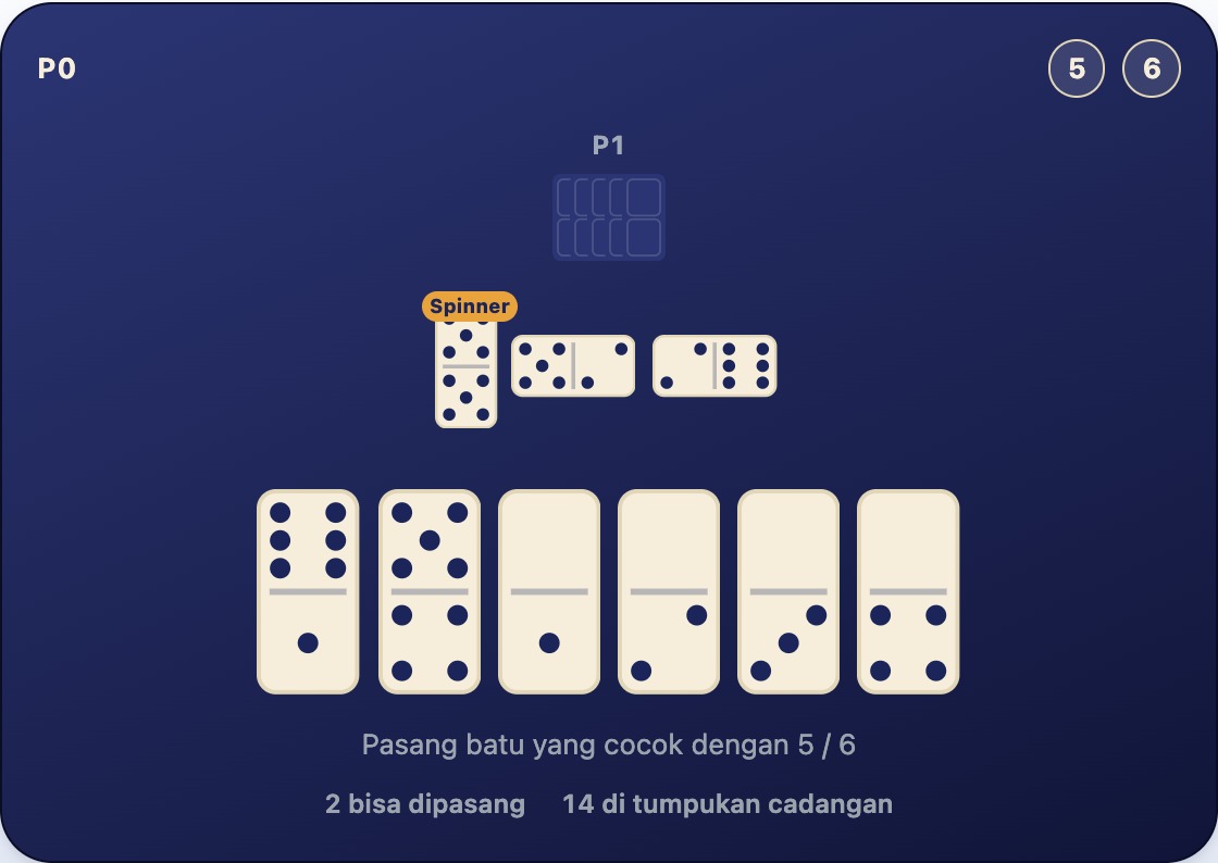 Rangkaian tiga batu dengan ujung terbuka 5 dan 6, dan batu di tangan yang berisi 5-4 dan 6-1, masing-masing cocok dengan satu ujung