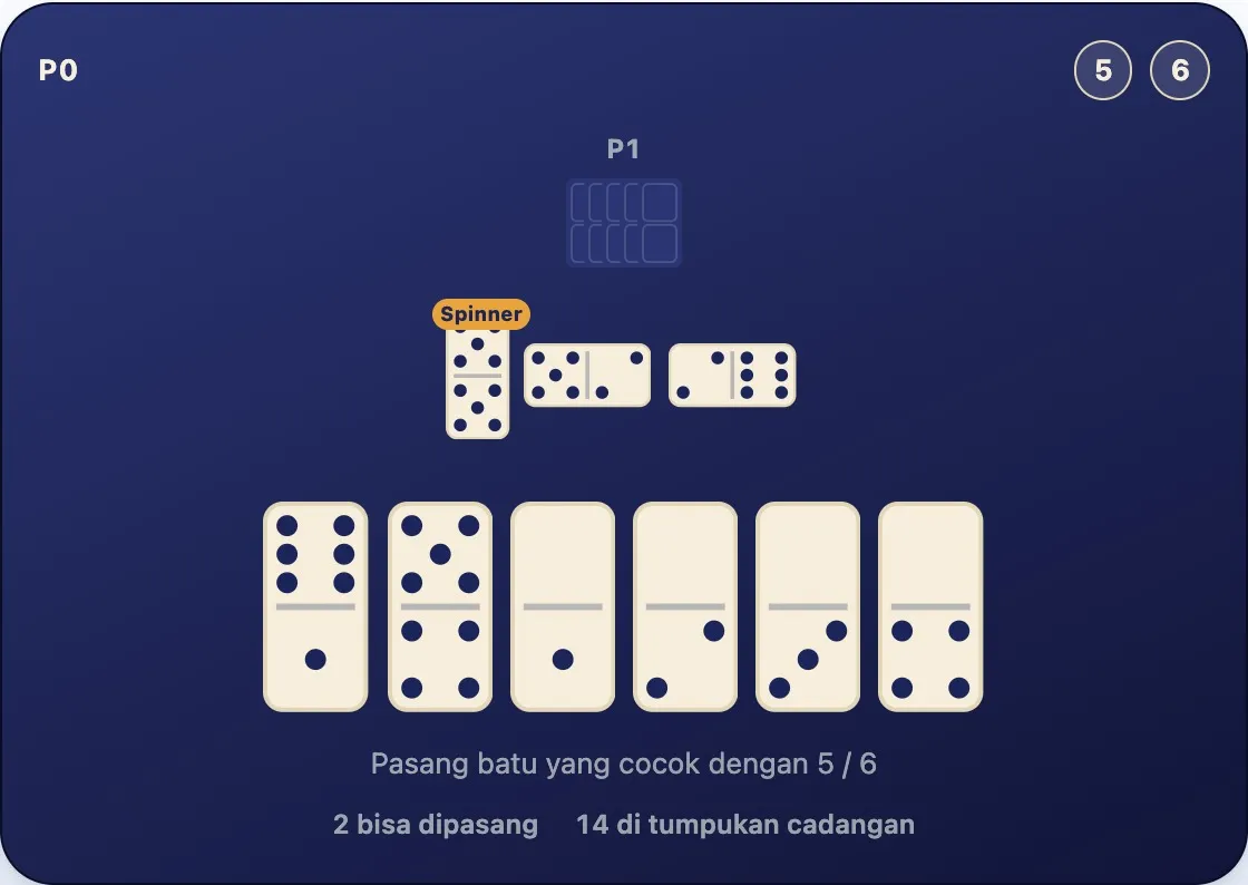 Rangkaian tiga batu dengan ujung terbuka 5 dan 6, dan batu di tangan yang berisi 5-4 dan 6-1, masing-masing cocok dengan satu ujung
