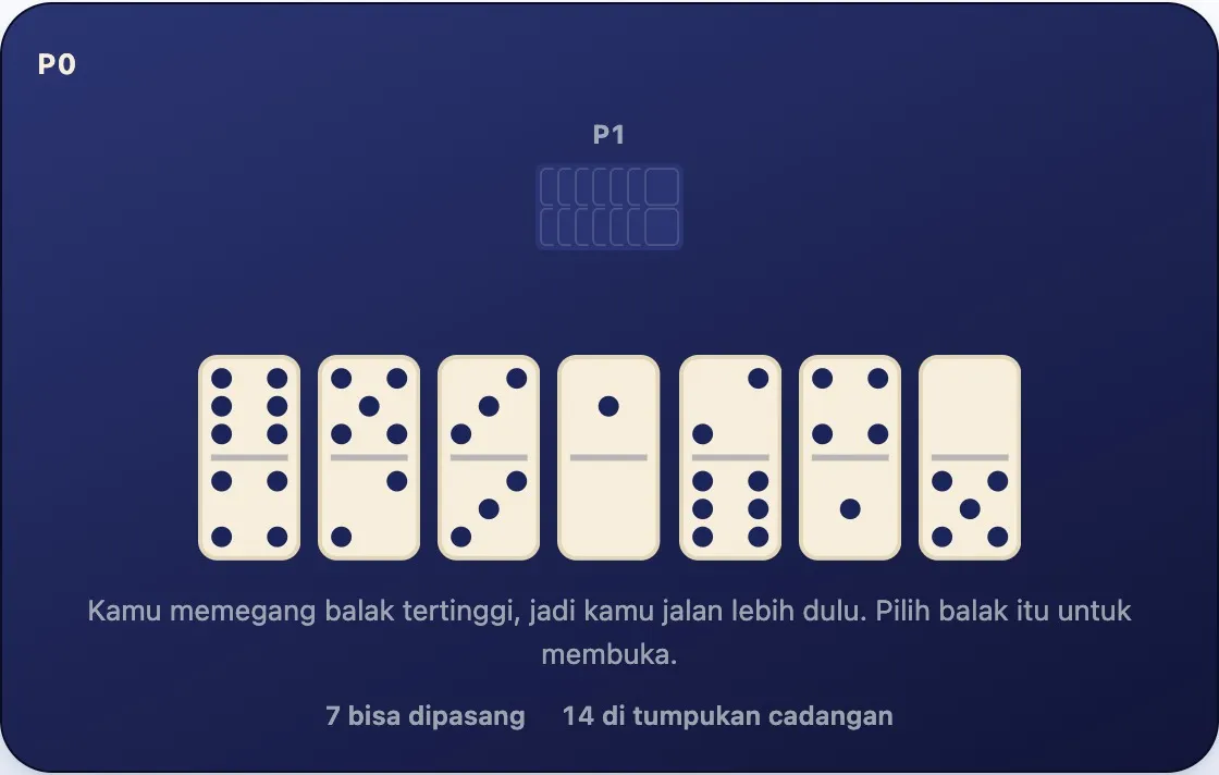 Tujuh batu di tangan yang dijajarkan, masing-masing menunjukkan dua jumlah mata, dengan balak 3-3 di antaranya
