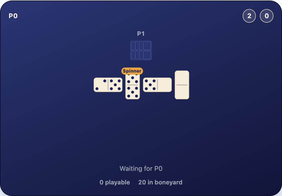 An empty local hand next to an opponent's hand still holding tiles, with the final tile just placed at the end of the line