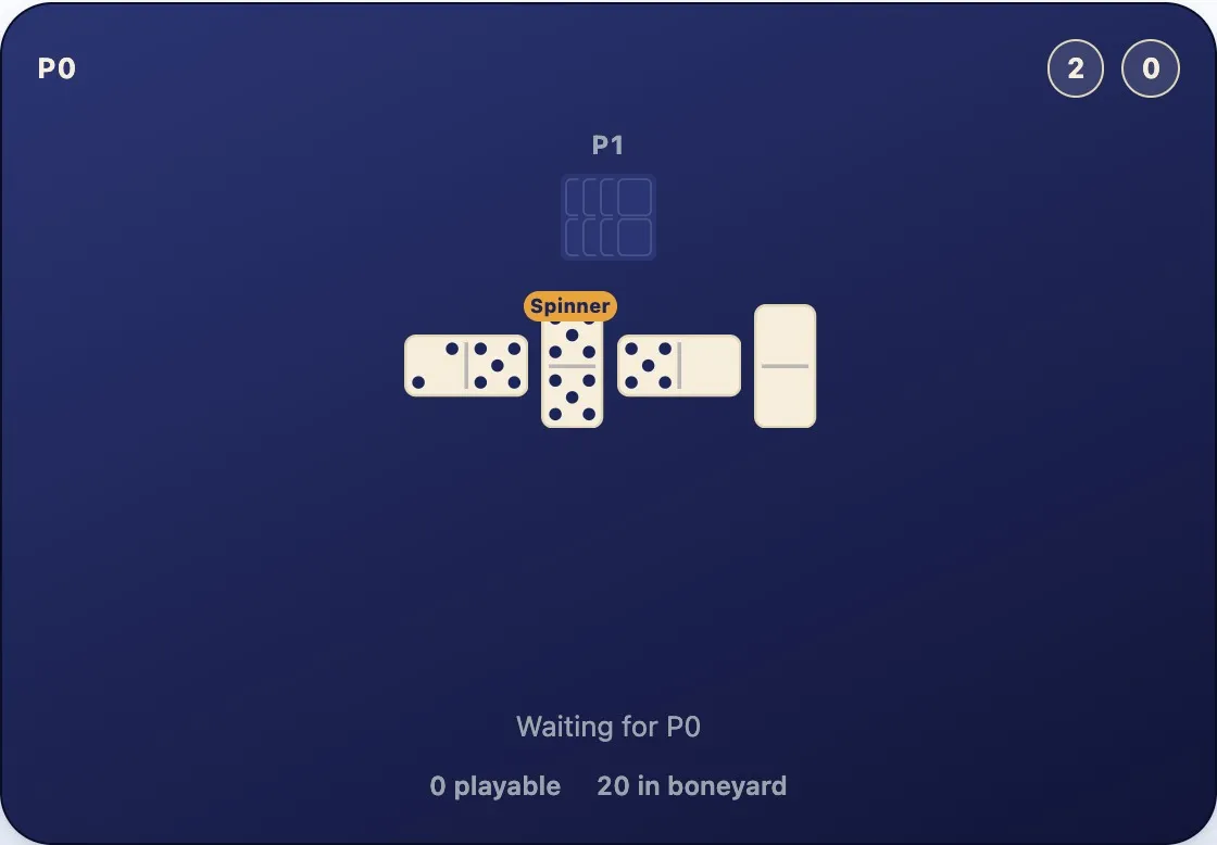 An empty local hand next to an opponent's hand still holding tiles, with the final tile just placed at the end of the line