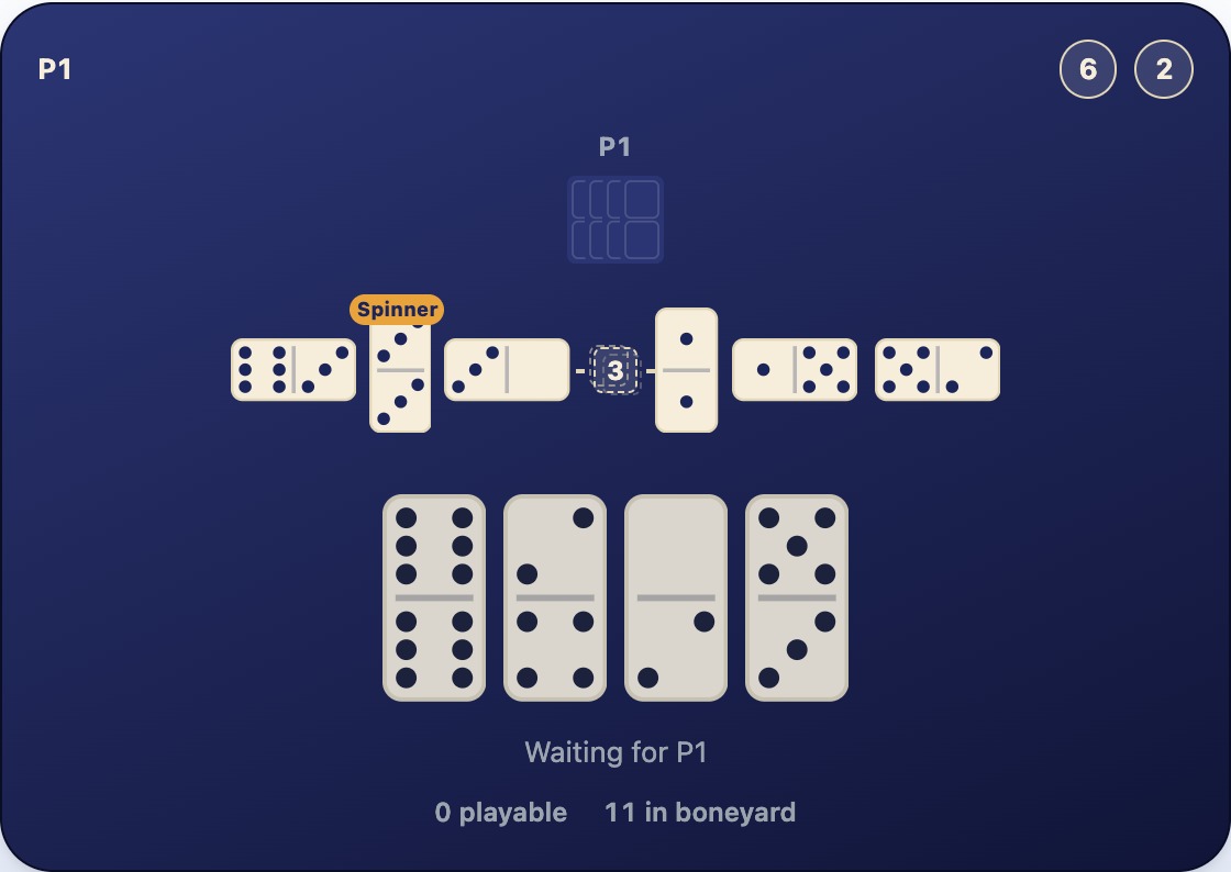 A nine-tile line wrapped across two rows, with open ends of 6 and 2 at either extreme